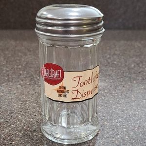 Tablecraft Toothpick Dispenser Glass screw on Metal Lid Soda Fountain Style 3.5"
